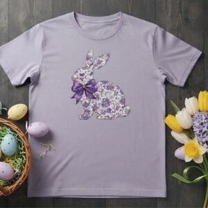 Floral Bunny Graphic Tee Purple Spring Easter Shirt Cute Bow Rabbit Top